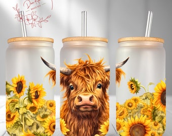 Disegno per sublimazione di lattine in vetro Libbey con motivo a mucca delle Highlands e girasole (download digitale)