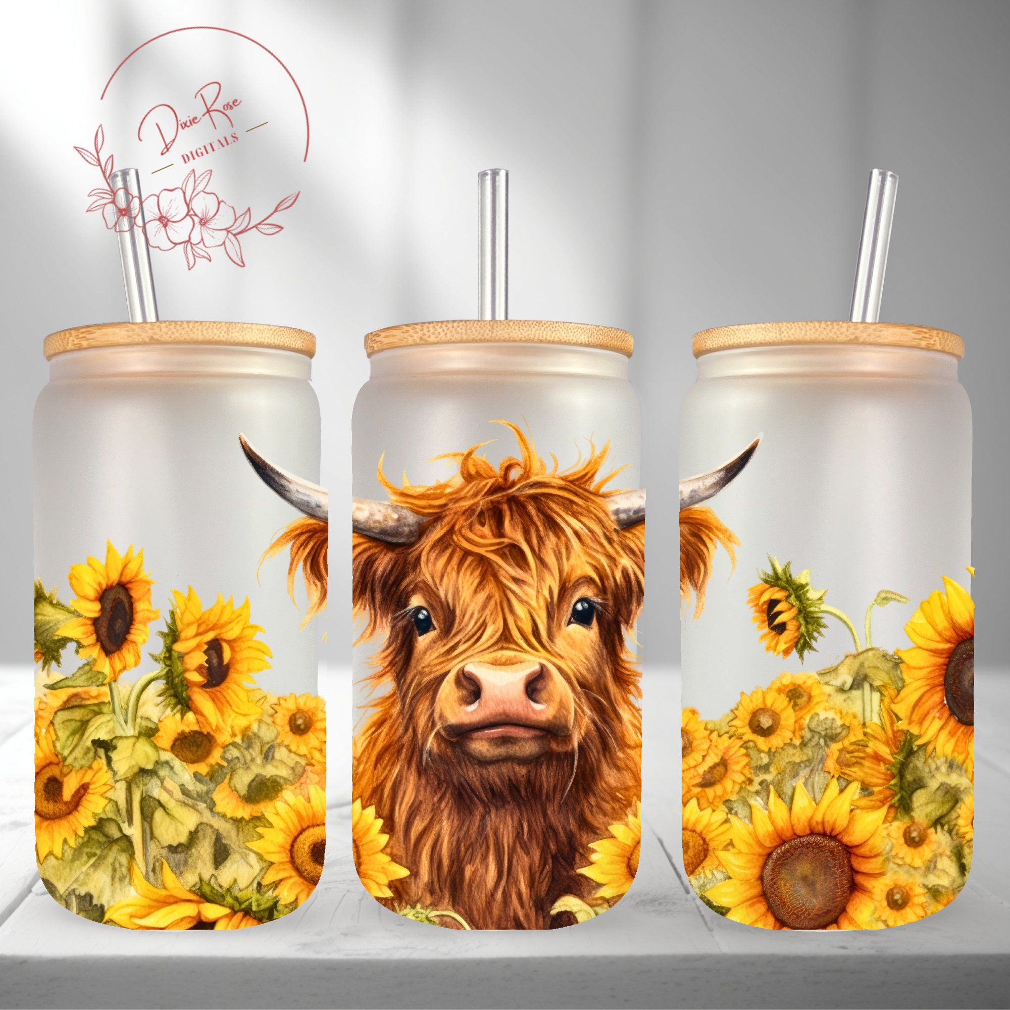 Cow glass tumbler with bamboo lid, straw and sunflower straw topper