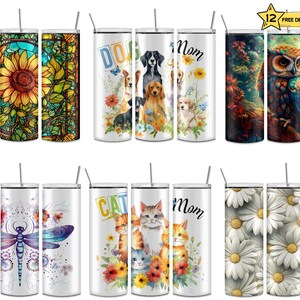 a set of four different colored tumbles with pictures of cats and flowers on them