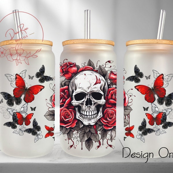Skull Libbey Glass Wrap, Roses Skull 16 Oz Glass Can Wrap PNG, Gothic Glass Tumbler Wrap, Red Roses Glass Can Sublimation Wrap Design