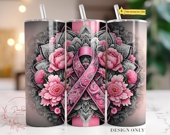 Envoltura de vaso para el cáncer de mama (PNG), vaso delgado de sublimación de 20 oz (PNG) para el mes del cáncer de mama, diseño de vaso con lazo rosa, descarga digital