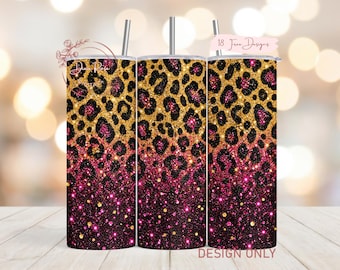 Leopard Tumbler Wrap PNG Sublimation Design, Hot Pink Glitter Leopard Print, Gold Sparkle Animal Print, Glam Cheetah Digital Download