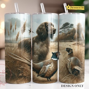 May include: A brown and white hunting dog stands in a field of tall grass with two pheasants. The dog is looking to the right, and the pheasants are looking at each other. The background is a blurry image of a forest and a fence.