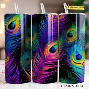 May include: Three stainless steel tumblers with a colorful peacock feather design. The feathers are in shades of blue, green, purple, and yellow. The background is black.
