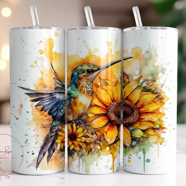 Hummingbird Sunflower Tumbler Wrap, 20 Oz Skinny Sublimation Tumbler PNG Design, Digital File Download