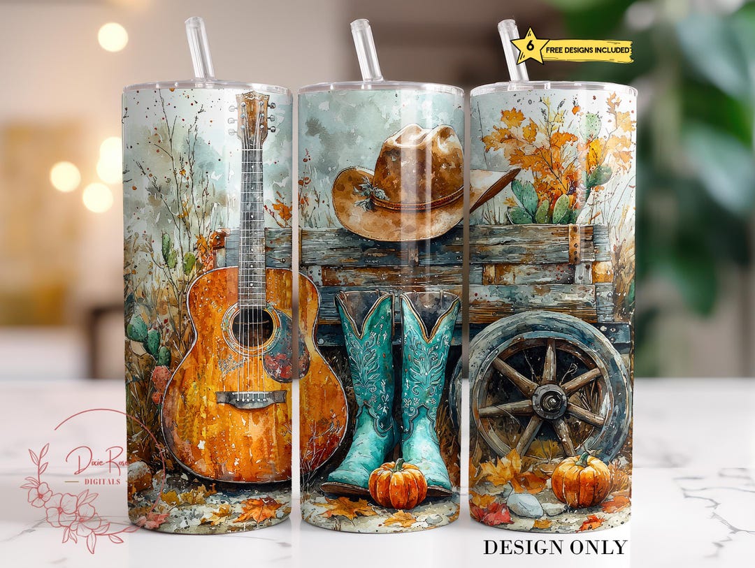 Cowgirl Boots Tumbler Wrap: Country Guitar Sublimation Design PNG ...