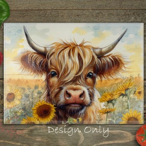 Ontwerp baby Highland Cow snijplank downloaden, zonnebloemen glazen snijplank, afdrukbaar digitaal png-bestand