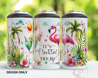 May include: Three stainless steel can coolers with a tropical theme. The design features palm trees, pink flamingos, flowers, and a cocktail glass. One cooler has the text "It's Flocktail Hour".