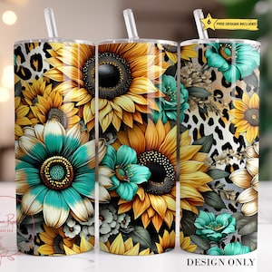 Sunflower Tumbler Wrap PNG: Leopard Print 20 Oz Skinny Tumbler Sublimation Design (Digital Download)