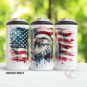 May include: Three white insulated tumblers with a design of an American flag with a bald eagle in the center. The flag is painted in a watercolor style with red, white, and blue colors.