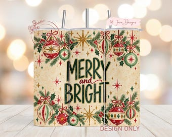 Merry and Bright Christmas PNG Tumbler Wrap, Retro Ornament Star Sublimation PNG Design, Digital Download