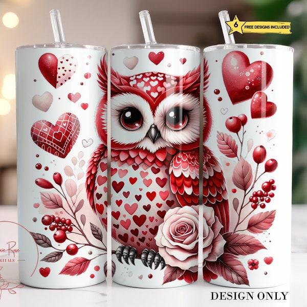 Valentine Owl Tumbler Wrap, Valentine's Day  20 Oz Sublimation Tumbler PNG Design, Hearts Flowers Owl Tumbler Design Digital Download