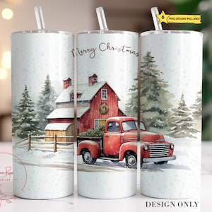 Christmas Truck Tumbler Wrap PNG: Vintage Red Barn Design (Digital Download)