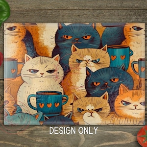 Cats & Coffee Cutting Board PNG: Kitchen Sublimation Design (Digital File)