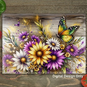 Butterfly Floral Western Sublimation Cutting Board Design Download, Rustic Cutting Board PNG, Cutting Board File Digital Design Download
