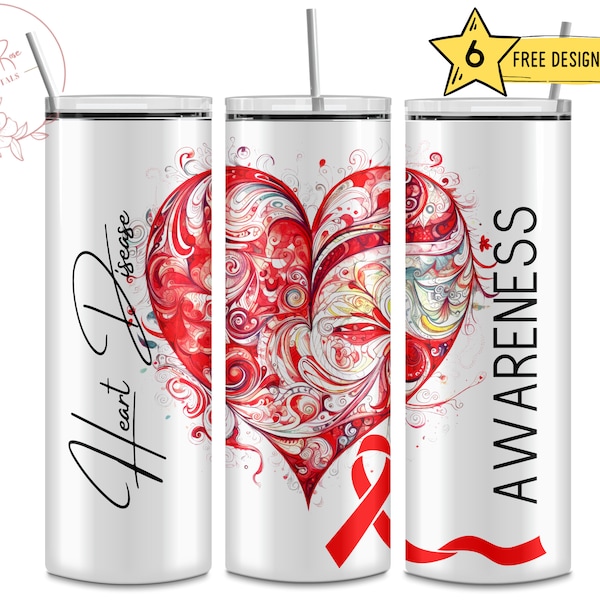 Heart Disease Awareness, Month of February, Red Ribbon, 20 Oz Skinny Sublimation Tumbler Wrap Digital Design PNG File Download