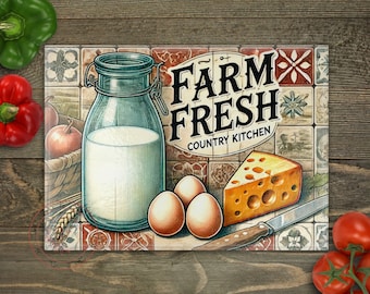 May include: A glass cutting board with a tiled design featuring a milk jug, eggs, cheese, and a knife. The board has the text "FARM FRESH COUNTRY KITCHEN" printed on it.