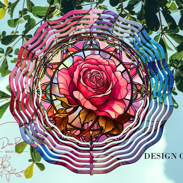 Pink Rose Wind Spinner PNG, Stained Glass Rose Wind Spinner Sublimation Designs, Garden Wind Spinner Design, Wind Spinner Template PNG