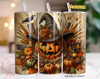 May include: Three stainless steel tumblers with straws, featuring a Halloween design. The design includes a carved pumpkin, witch's hat, crow, and autumn leaves in shades of orange, brown, and green. The text "DESIGN ONLY" is visible.