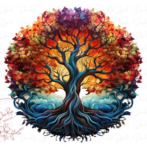 May include: A vibrant digital illustration of a tree with a circular design. The tree features a trunk and roots in shades of blue and brown, with a canopy of colorful leaves in red, orange, and yellow. The artwork has a watercolor effect.