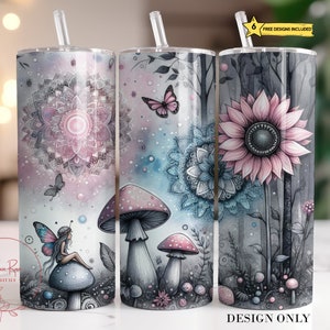Fantasy Mushrooms Tumbler Wrap, Magical Fairy 20 Oz Skinny Sublimation Tumbler PNG, Mushroom Mandala Forest Tumbler Design Tumbler Download