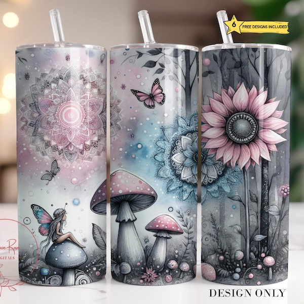 Fantasy Mushrooms Tumbler Wrap, Magical Fairy 20 Oz Skinny Sublimation Tumbler PNG, Mushroom Mandala Forest Tumbler Design Tumbler Download