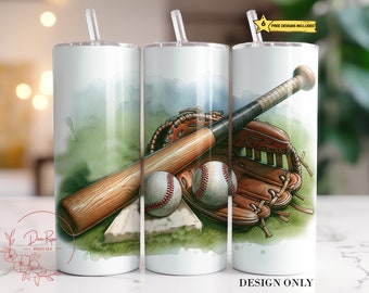 May include: A watercolor illustration of a baseball bat, baseball glove, and two baseballs on a green grassy field. The image is on a white tumbler.