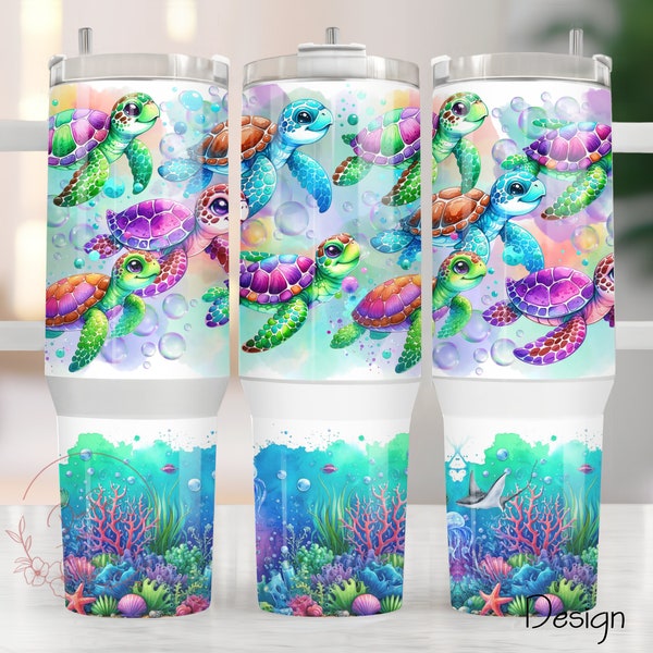 Turtles 40oz Tumbler Wrap PNG, Baby Turtles Sublimation 40 Oz Quencher Tumbler Design, Sea Ocean Reef Tumbler Design Digital Download