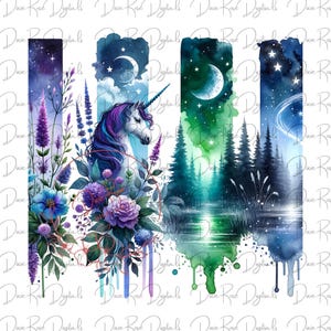 K&ouml;nnte beinhalten: Eine digitale Illustration eines Einhorns mit einer lila und blauen M&auml;hne und einem Schwanz, umgeben von Blumen und Gr&uuml;n. Der Hintergrund ist ein Aquarellbild eines Nachthimmels mit Sternen, einer Mondsichel und einem See.