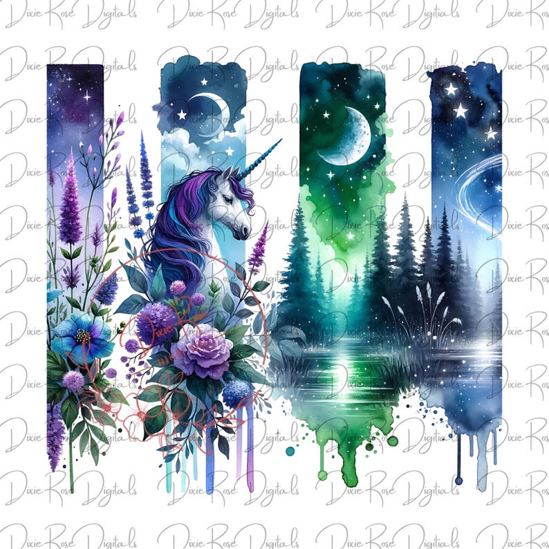 K&ouml;nnte beinhalten: Eine digitale Illustration eines Einhorns mit einer lila und blauen M&auml;hne und einem Schwanz, umgeben von Blumen und Gr&uuml;n. Der Hintergrund ist ein Aquarellbild eines Nachthimmels mit Sternen, einer Mondsichel und einem See.