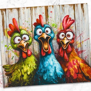 May include: Three cartoon chickens with colourful feathers and large eyes. The chickens are painted on a wooden background with splashes of paint.