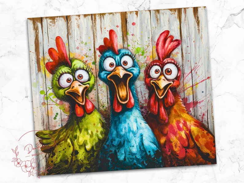 May include: Three cartoon chickens with colourful feathers and large eyes. The chickens are painted on a wooden background with splashes of paint.