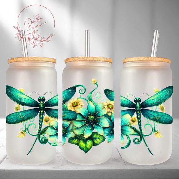 Emerald Dragonfly Flowers 16 Oz Libbey Glass PNG, Libbey Can Wrap Sublimation PNG Design, Frosted Glass Tumbler Cup Digital Download PNG