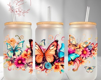 Butterfly Flowers Libbey Glass Can Tumbler Wrap: Sublimation PNG Design (Digital Download)