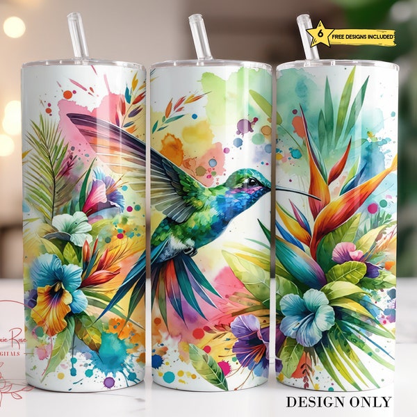Hummingbird Tumbler Wrap, Floral Hummingbird 20 Oz Skinny Sublimation Tumbler PNG, Hummingbird Bird Lover Flowers Tumbler Design Download