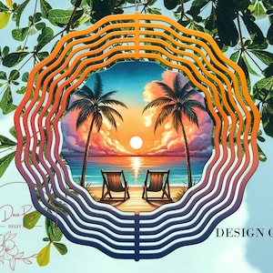 May include: A colorful, multi-layered, circular wind spinner with a sunset scene featuring palm trees, a beach, and two lounge chairs. The design is set against a gradient background of orange, yellow, and blue.