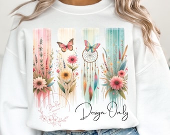 Boho Butterfly Flowers PNG: Western T-Shirt Sublimation Design (Digital Download)