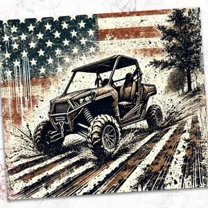 May include: A brown and black off-road vehicle driving through a muddy field with an American flag in the background.