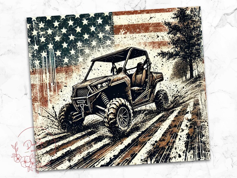 May include: A brown and black off-road vehicle driving through a muddy field with an American flag in the background.