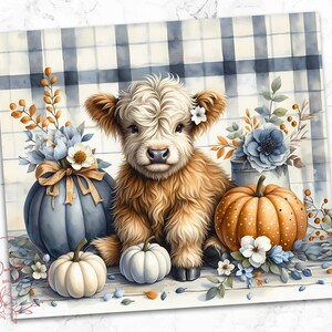 Peut inclure: Illustration &agrave; l'aquarelle d'un veau Highland brun, entour&eacute; de citrouilles et de compositions florales. Un fond &agrave; carreaux bleu et blanc compl&egrave;te le th&egrave;me automnal. Citrouilles et fleurs d&eacute;coratives ajoutent au charme saisonnier.