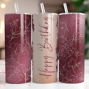 Alles Gute zum Geburtstag Tumbler Wrap, Rose Gold Blumen 20 Oz Skinny Sublimationsbecher Design PNG, Digital PNG Datei Download