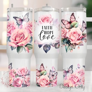 Envoltura para vaso cristiano, envoltura para vaso de 40 oz con fe, esperanza y amor PNG, diseño de vaso cristiano, descarga de archivo digital PNG de vaso con versículo bíblico