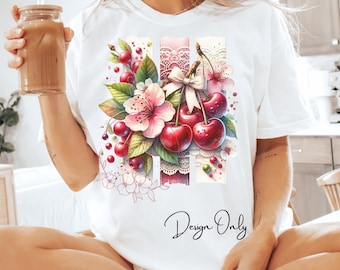 Coquette Cherry Blossom PNG: Watercolor Bow Sublimation Design (Digital Download)