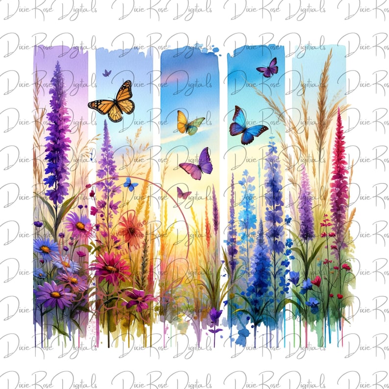 Puede incluir: Una pintura de acuarela de un campo de flores silvestres con mariposas. Las flores son en tonos de morado, azul, rosa y amarillo. Las mariposas son en tonos de azul, morado y naranja. El fondo es un lavado de acuarela borroso de azul, morado y amarillo.