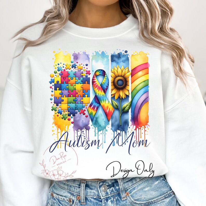 This PNG design features a vibrant and colorful composition celebrating Autism awareness. It includes a jigsaw puzzle pattern with a mix of colors, a multicolored ribbon representing autism, a bright sunflower, and a rainbow, all against a black background with watercolor splashes. The words "Autism Mom" are prominently displayed at the bottom, symbolizing support and recognition for mothers of children with autism.