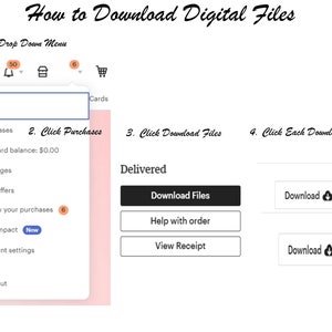 May include: A screenshot of a website showing how to download digital files. The website has a pink background and a white menu on the left side. The menu has options for purchases, messages, your offers, review your purchases, your impact, account settings, and sign out. The right side of the website shows a button that says "Download Files" and a message that says "Delivered".