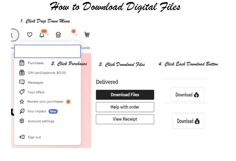 May include: A screenshot of a website showing how to download digital files. The website has a pink background and a white menu on the left side. The menu has options for purchases, messages, your offers, review your purchases, your impact, account settings, and sign out. The right side of the website shows a button that says "Download Files" and a message that says "Delivered".