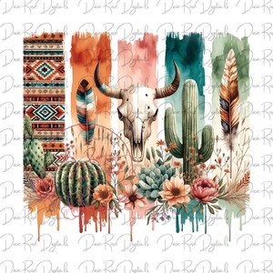 May include: A watercolor illustration of a southwestern desert scene with a bull skull, cactus, feathers, and flowers. The background is a series of colorful stripes with a drip effect.