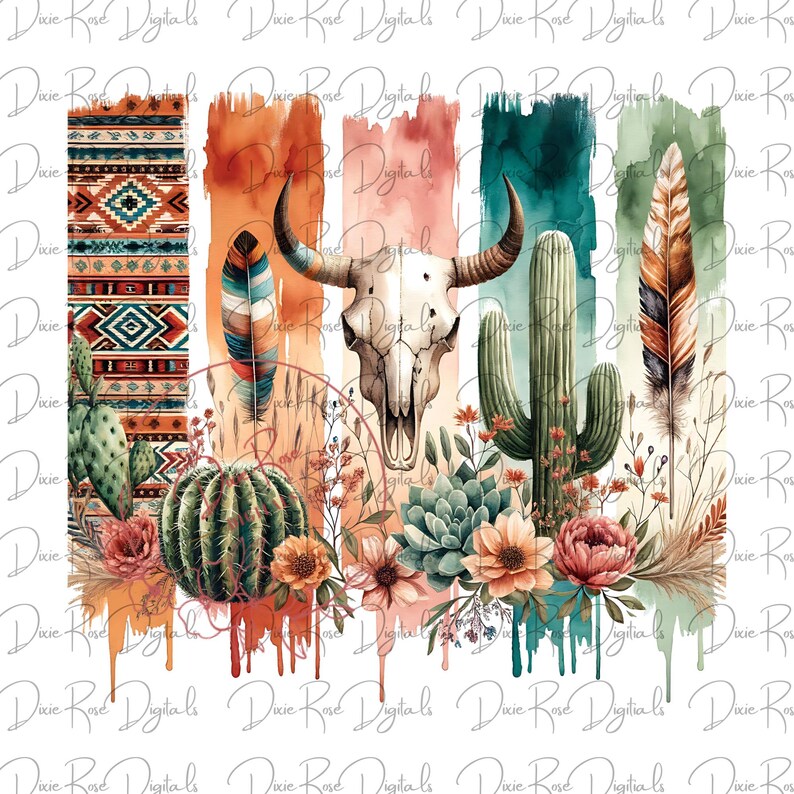 May include: A watercolor illustration of a southwestern desert scene with a bull skull, cactus, feathers, and flowers. The background is a series of colorful stripes with a drip effect.