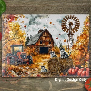 Fall Cats Cutting Board PNG, Farm Kitchen Sublimation Design, Country Glass Cutting Board PNG, Kittens Kitchen PNG Design